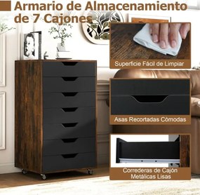 Bloco arquivo escritório com 7 gavetas com 4 rodas universais A49 x 40 x 87 cm de madeira Castanho