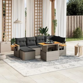 7 pcs conjunto sofás p/ jardim c/ almofadões vime PE cinzento