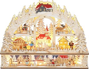 Aldeia de Natal iluminada com 20 LEDs, aldeia de Natal animada em forma de arco, funciona a pilhas, 45 x 10 x 35 cm, madeira natural