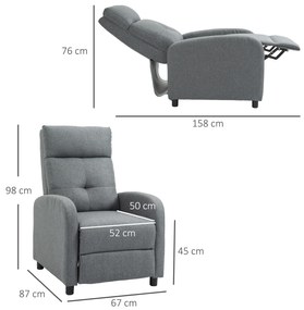 Poltrona Relax Reclinável até 155° Poltrona Reclinável Manual Estofado para Pessoas com Altura Inferior 195cm 67x87x98cm Cinza