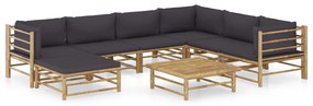 8 pcs conj. lounge jardim em bambu c/ almofadões cinza-escuro