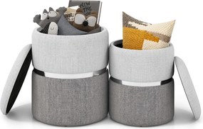 Conjunto de 2 Pufes Redondos com Armazenamento Estofados com Aro de Aço Inoxidável Dourado Cinza