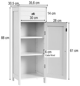 Armário de Casa de Banho Vertical com Porta Simples 1 Gaveta Grande 2 Prateleiras Ajustáveis 35,6 x 30,5 x 88 cm Branco