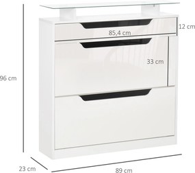 Sapateira Entrada Estreito Móvel para 16 pares de Sapatos com 2 Portas Gaveta Prateleira Aberta e Bancada de Vidro 89x23x96cm Branco