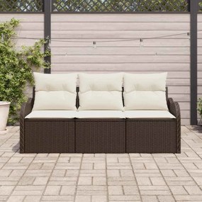 Conjunto de Sofá de Jardim de 3 Peças com Almofadas Marrom Poliratan