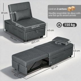 Poltrona convertível de 1 lugar, transformável em cama, com encosto ajustável, assento almofadado e almofada, cinzenta