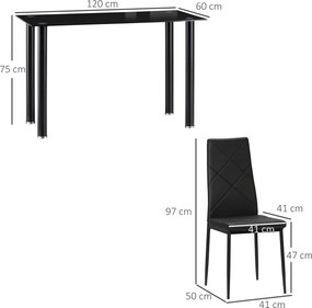 Conjunto de mesa de jantar com 4 cadeiras, tampo em vidro temperado e pés em aço, para cozinha ou sala de estar, na cor preta
