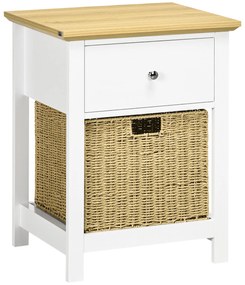 HOMCOM Mesa de Cabeceira Moderna com Gaveta de Armazenamento e Cesto de Vime Dobrável 49x39x64 cm Branco e Madeira