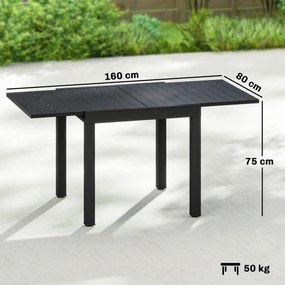 Mesa de Jantar Exterior Extensível 80/160 cm para 4-6 Pessoas de Alumínio com Tampo de Ripas Efeito Madeira Preto