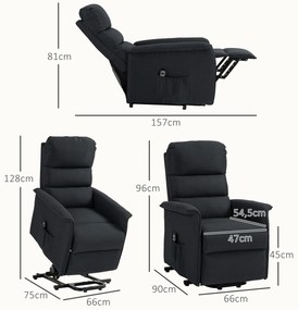 Poltrona Relax Reclinável Elétrica Poltrona Levanta Pessoas com Controlo Remoto e Bolso Lateral 66x90x96 cm Preto