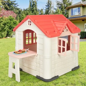 Casa de Brincar Infantil com Janelas Porta Dupla com 7 Brinquedos Interior / Exterior Cobertura Impermeável 164 x 124 x 132 cm Rosa