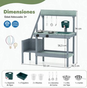 Cozinha de brinacar Infantil, 93 x 36,5 x 96 cm, com Depósito de Água, Azul e Verde