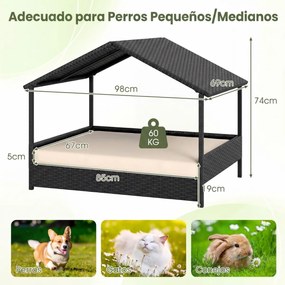Cama de rattan para cães com toldo de rattan, para jardim 98 x 69 x 74 cm, Suporta 60 kg Almofada removível para interior e exterior Bege e preto