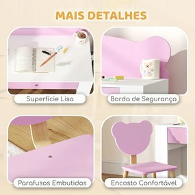 Secretária para Crianças com Cadeira em Forma de Ursinho Secretária Infantil com Gaveta para Estudar Ler e Desenhar Branco e Rosa