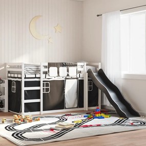 vidaXL Beliche com escorrega e cortinas 90x200 cm branco e preto