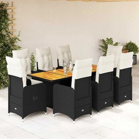 vidaXL 9 pcs conjunto de bistrô p/ jardim c/ almofadões vime PE preto