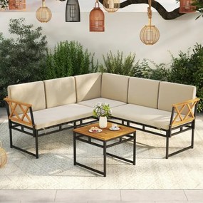 Conjunto Jardim de 4 sofás seccionais exteriores em L com Estrutura metálica, corda elástica e mesa de madeira de acácia bege