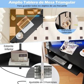 Secretária de canto com estação de carregamento e LED 80 x 80 x 88 cm, bandeja para teclado e suporte para monitor, mesa de gaming preta