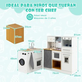 Cozinha de brincar 79 x 29 x 81 cm com sons e luzes realistas, lava-loiça, placas de cozedura e acessórios modernos para crianças com mais de 3 anos,