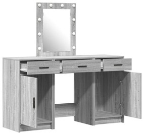 Conjunto de Mesa de Maquiagem de 3 Peças com LED Cinza Sonoma em Madei