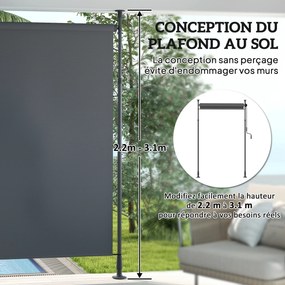 Toldo manual retrátil com suporte 200 L x 220-310 A cm, comprimento ajustável, manivela, instalação sem perfuração, metal de alumínio, poliéster cinze