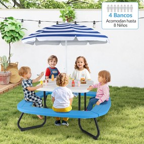 Mesa de atividades jardim crianças com guarda-sol ajustável e dobrável, 4 bancos incorporados até 8 crianças, 125 × 125 × 100-160 cm branca