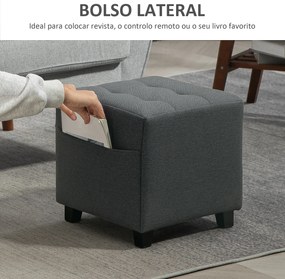 Apoio para os Pés Sala de Estar Banco Estofado em Linho com Bolso Lateral Tampa com Botões  35x35x35 cm Cinzento