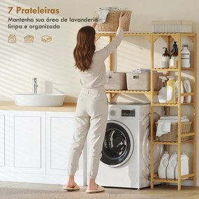 Estante para Máquina de Lavar em Bambu Móvel para Máquina de Lavar ou Sanita com Prateleiras Reversíveis e Ajustáveis 100x40x157 cm Madeira