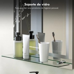 Espelho de Casa de Banho com Luzes LED 60x80 cm 3 Cores de Luz Brilho Ajustável Prateleira de Vidro Função de Memória Prata