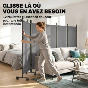 Biombo de Privacidade Dobrável de 5 Painéis, 252 x 40 x 170 cm, Com 12 Rodas, Cinzento-Escuro