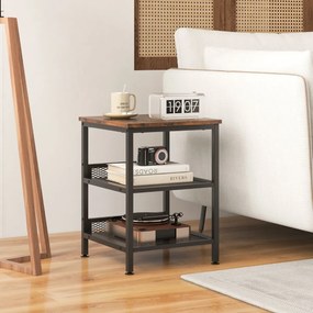 Mesa de apoio, mesa de cabeçeira de 3 níveis quadrada com duas estantes de rede para sala de estar Quarto 40 x 40 x 54 cm Castanho