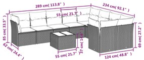 10 pcs conjunto sofás de jardim c/ almofadões vime PE cinzento