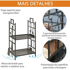 Suporte para Lenha de Ferro Forjado – 2 Níveis com 4 Ferramentas – 51,