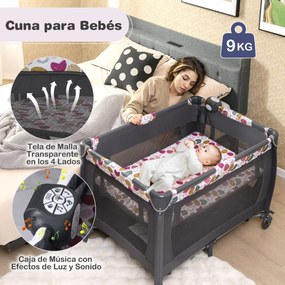 Berço dobrável e portátil Parque infantil com berço de balanço e trocador Barra de brinquedos Caixa de música e bolsa de transporte