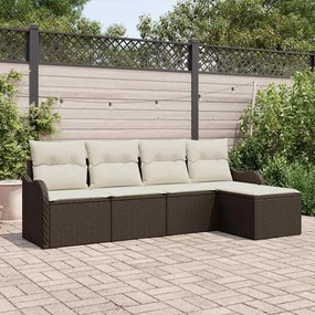 Conjunto de Sofá de 5 Peças com Almofadas Rattan Poliéster Castanho