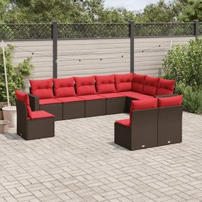 vidaXL 10 pcs conj. sofás jardim com almofadões vime PE castanho