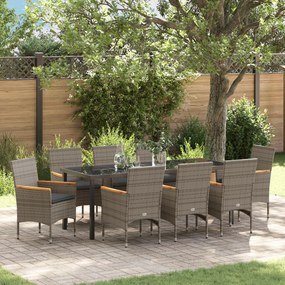 Conjunto de Jantar vidaXL de 9 Peças com Almofadas em Rattan Cinza