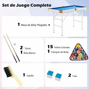 Mesa de Bilhar Portátil com Pernas Dobráveis e 16 Bolas, 2 Tacos, 2 Giz, Escova e Triângulo para Crianças e Adultos, 122 x 64 x 78 cm, Azul