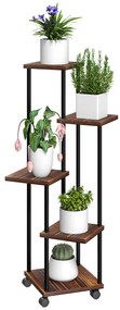 Suporte para Plantas de Madeira e Aço com 5 Prateleiras e 4 Rodas Suporte para Plantas para Interior e Exterior 59x59x110 cm Madeira