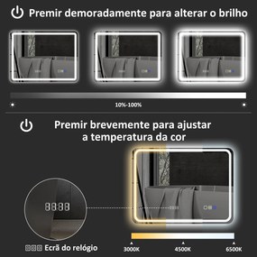 Espelho de Casa de Banho com Luz LED 70x50 cm Bluetooth 3 Cores de Luz Relógio Digital Função Antiembaciamento Memória Prata