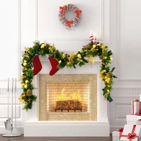 Grinalda de Natal Artificial 270 cm Pré-iluminada com Luzes LED Brancas Quentes para a Porta Principal, Escadas e Lareira Verde