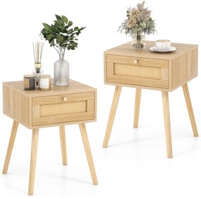 Conjunto de 2 mesas de cabeceira Boho com decoração em rattan tecido à mão para o quarto e a sala de estar 40 x 40 x 55 cm Natural