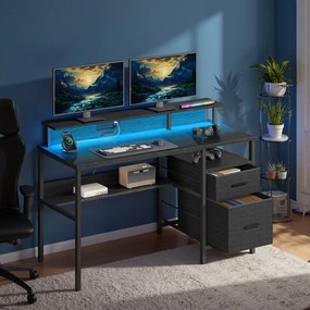 Secretária com iluminação LED, 2 tomadas CA e 2 portas USB 55 x 135 x 90 cm e com suporte para monitor Preta
