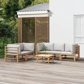 6 pcs conj. lounge de jardim bambu c/ almofadões cinzento-claro