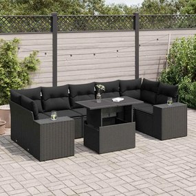 8 pcs conjunto sofás de jardim com almofadões vime PE preto