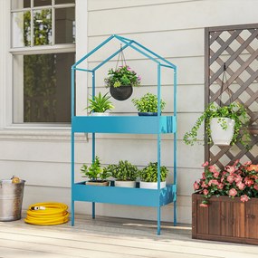 Prateleira para plantas de 2 níveis 75 x 35 x 150 cm, suporte para plantas em metal com gancho, suporte para vasos em forma de casa, azul