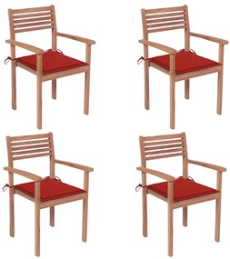 vidaXL Cadeiras de jardim c/ almofadões vermelhos 4 pcs teca maciça