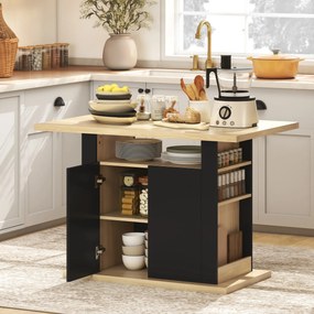 Mesa de jantar em ilha central de cozinha com ampla bancada para 4-6 pessoas, armário de 4 portas, 110 x 70 x 75,5 cm, preto e natural
