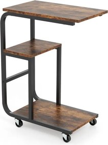 Mesa apoio em forma de C para sofá 53 x 30 x 70 cm com prateleiras abertas Mesa lateral industrial com rodas Castanho