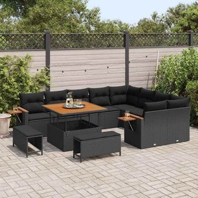 Conjunto de Sofá de Jardim vidaXL 12 Peças com Almofadas Preto Vime PE